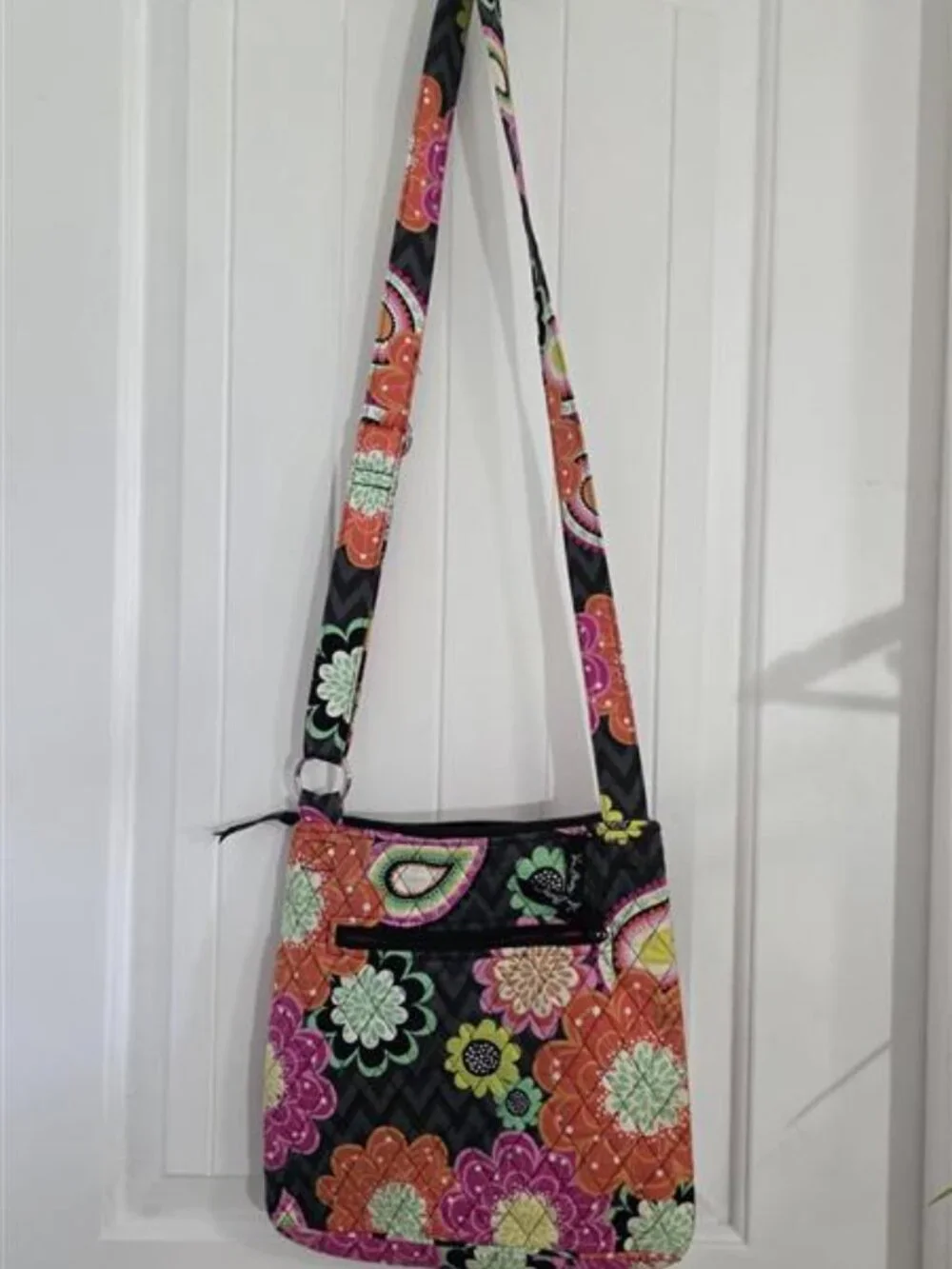 Vera Bradley Colorful Floral Quilted Crossbody Shoulder Bag Black Pink Orange